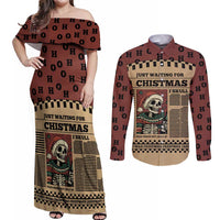 Skull Christmas Couples Matching Off Shoulder Maxi Dress and Long Sleeve Button Shirt Newspaper Retro Style - Wonder Print Shop