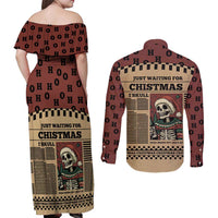 Skull Christmas Couples Matching Off Shoulder Maxi Dress and Long Sleeve Button Shirt Newspaper Retro Style - Wonder Print Shop