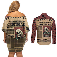 Skull Christmas Couples Matching Off Shoulder Short Dress and Long Sleeve Button Shirt Newspaper Retro Style - Wonder Print Shop