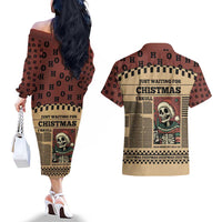 Skull Christmas Couples Matching Off The Shoulder Long Sleeve Dress and Hawaiian Shirt Newspaper Retro Style - Wonder Print Shop