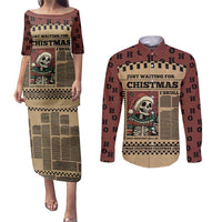 Skull Christmas Couples Matching Puletasi and Long Sleeve Button Shirt Newspaper Retro Style - Wonder Print Shop