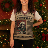 Skull Christmas Knitted V-Neck Vest Newspaper Retro Style - Wonder Print Shop