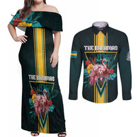 Personalized The Bahamas Couples Matching Off Shoulder Maxi Dress and Long Sleeve Button Shirt The Flamingo Tropical Flowers - Wonder Print Shop