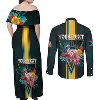 Personalized The Bahamas Couples Matching Off Shoulder Maxi Dress and Long Sleeve Button Shirt The Flamingo Tropical Flowers - Wonder Print Shop