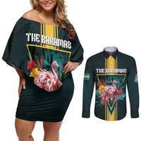 Personalized The Bahamas Couples Matching Off Shoulder Short Dress and Long Sleeve Button Shirt The Flamingo Tropical Flowers - Wonder Print Shop