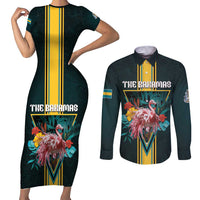 Personalized The Bahamas Couples Matching Short Sleeve Bodycon Dress and Long Sleeve Button Shirt The Flamingo Tropical Flowers - Wonder Print Shop