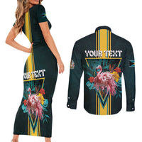 Personalized The Bahamas Couples Matching Short Sleeve Bodycon Dress and Long Sleeve Button Shirt The Flamingo Tropical Flowers - Wonder Print Shop
