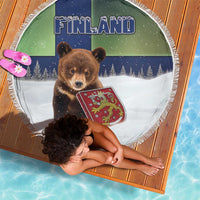 Finland Beach Blanket Brown Bear With Symbol Under The Aurora Sky - Wonder Print Shop