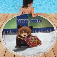 Finland Beach Blanket Brown Bear With Symbol Under The Aurora Sky - Wonder Print Shop