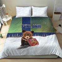 Finland Bedding Set Brown Bear With Symbol Under The Aurora Sky - Wonder Print Shop
