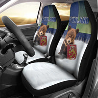 Finland Car Seat Cover Brown Bear With Symbol Under The Aurora Sky - Wonder Print Shop