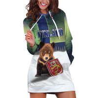 Personalized Finland Hoodie Dress Brown Bear With Symbol Under The Aurora Sky - Wonder Print Shop