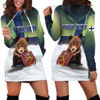 Personalized Finland Hoodie Dress Brown Bear With Symbol Under The Aurora Sky - Wonder Print Shop