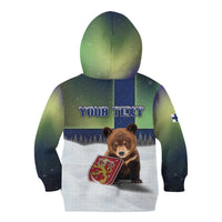 Personalized Finland Kid Hoodie Brown Bear With Symbol Under The Aurora Sky - Wonder Print Shop
