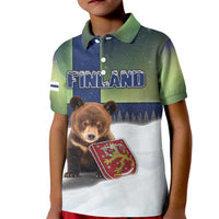 Personalized Finland Kid Polo Shirt Brown Bear With Symbol Under The Aurora Sky - Wonder Print Shop