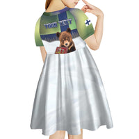 Personalized Finland Kid Short Sleeve Dress Brown Bear With Symbol Under The Aurora Sky - Wonder Print Shop