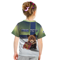 Personalized Finland Kid T Shirt Brown Bear With Symbol Under The Aurora Sky - Wonder Print Shop
