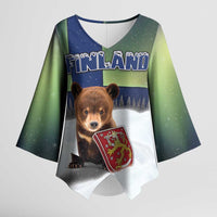 Personalized Finland Kimono Sleeve Blouse Brown Bear With Symbol Under The Aurora Sky - Wonder Print Shop