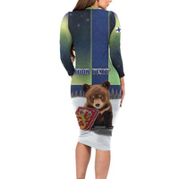 Personalized Finland Long Sleeve Bodycon Dress Brown Bear With Symbol Under The Aurora Sky - Wonder Print Shop