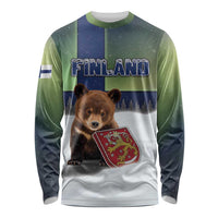Personalized Finland Long Sleeve Shirt Brown Bear With Symbol Under The Aurora Sky - Wonder Print Shop