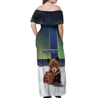 Personalized Finland Off Shoulder Maxi Dress Brown Bear With Symbol Under The Aurora Sky - Wonder Print Shop