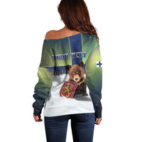 Personalized Finland Off Shoulder Sweater Brown Bear With Symbol Under The Aurora Sky - Wonder Print Shop