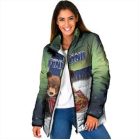 Personalized Finland Padded Jacket Brown Bear With Symbol Under The Aurora Sky - Wonder Print Shop