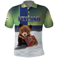 Personalized Finland Polo Shirt Brown Bear With Symbol Under The Aurora Sky - Wonder Print Shop