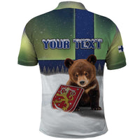 Personalized Finland Polo Shirt Brown Bear With Symbol Under The Aurora Sky - Wonder Print Shop