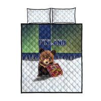 Finland Quilt Bed Set Brown Bear With Symbol Under The Aurora Sky - Wonder Print Shop