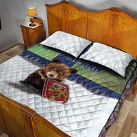 Finland Quilt Bed Set Brown Bear With Symbol Under The Aurora Sky - Wonder Print Shop