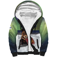 Personalized Finland Sherpa Hoodie Brown Bear With Symbol Under The Aurora Sky - Wonder Print Shop