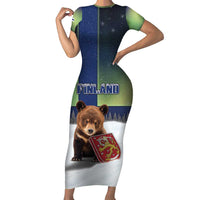 Personalized Finland Short Sleeve Bodycon Dress Brown Bear With Symbol Under The Aurora Sky - Wonder Print Shop