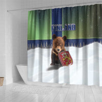 Finland Shower Curtain Brown Bear With Symbol Under The Aurora Sky - Wonder Print Shop