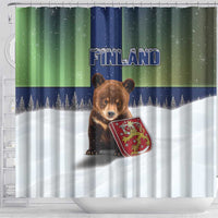 Finland Shower Curtain Brown Bear With Symbol Under The Aurora Sky - Wonder Print Shop