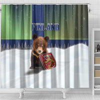 Finland Shower Curtain Brown Bear With Symbol Under The Aurora Sky - Wonder Print Shop