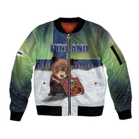 Personalized Finland Sleeve Zip Bomber Jacket Brown Bear With Symbol Under The Aurora Sky - Wonder Print Shop