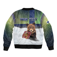 Personalized Finland Sleeve Zip Bomber Jacket Brown Bear With Symbol Under The Aurora Sky - Wonder Print Shop