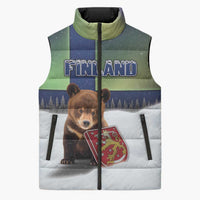 Personalized Finland Sleeveless Puffer Jacket Brown Bear With Symbol Under The Aurora Sky - Wonder Print Shop