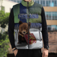 Personalized Finland Sleeveless Puffer Jacket Brown Bear With Symbol Under The Aurora Sky - Wonder Print Shop