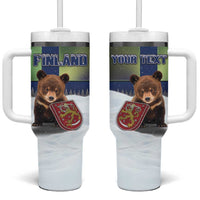 Personalized Finland Tumbler With Handle Brown Bear With Symbol Under The Aurora Sky - Wonder Print Shop