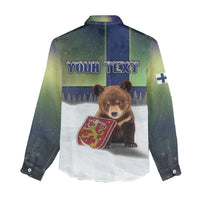 Personalized Finland Women Casual Shirt Brown Bear With Symbol Under The Aurora Sky - Wonder Print Shop