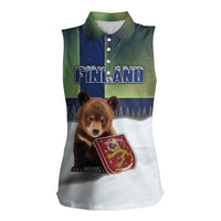 Personalized Finland Women Sleeveless Polo Shirt Brown Bear With Symbol Under The Aurora Sky - Wonder Print Shop