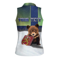 Personalized Finland Women Sleeveless Polo Shirt Brown Bear With Symbol Under The Aurora Sky - Wonder Print Shop