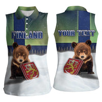 Personalized Finland Women Sleeveless Polo Shirt Brown Bear With Symbol Under The Aurora Sky - Wonder Print Shop