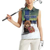 Personalized Finland Women Sleeveless Polo Shirt Brown Bear With Symbol Under The Aurora Sky - Wonder Print Shop