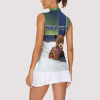 Personalized Finland Women Sleeveless Polo Shirt Brown Bear With Symbol Under The Aurora Sky - Wonder Print Shop