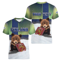 Personalized Finland Women V-Neck T-Shirt Brown Bear With Symbol Under The Aurora Sky - Wonder Print Shop