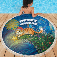 Merry Catmas Beach Blanket Cat Hanging On Xmas Tree - Wonder Print Shop