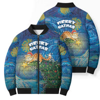 Merry Catmas Bomber Puffer Jacket Cat Hanging On Xmas Tree - Wonder Print Shop
